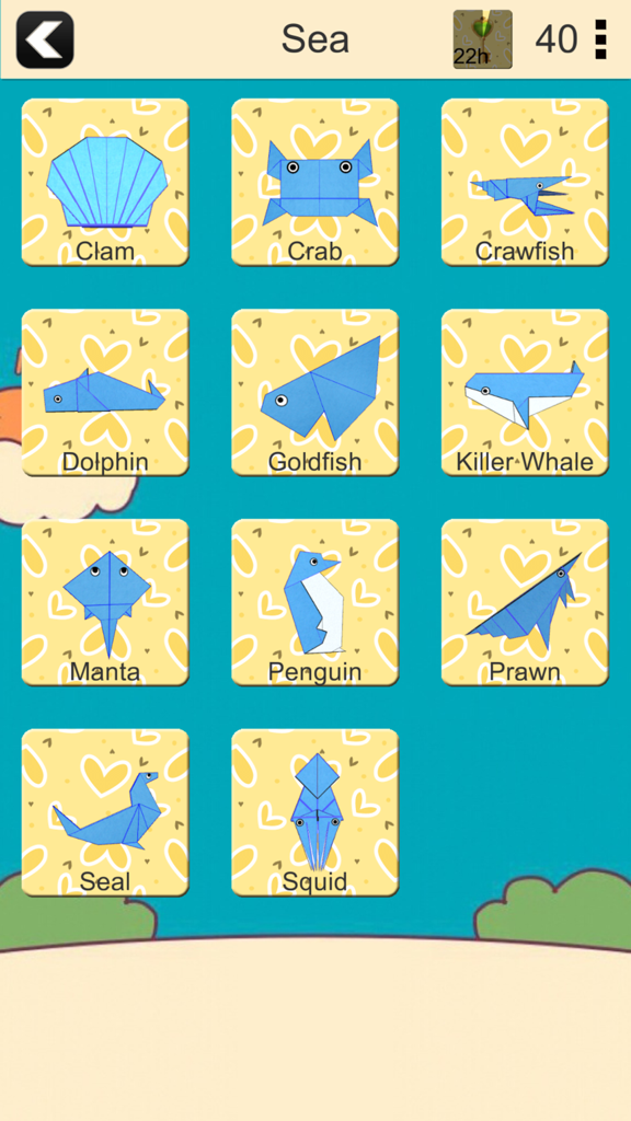 A selection of sea-themed origami patterns including crab, dolphin, and penguin displayed in a grid.