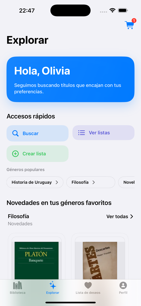 Tremendos Libros - The explore tab of the Tremendos Libros app featuring a personalized greeting, search buttons, and book genres.