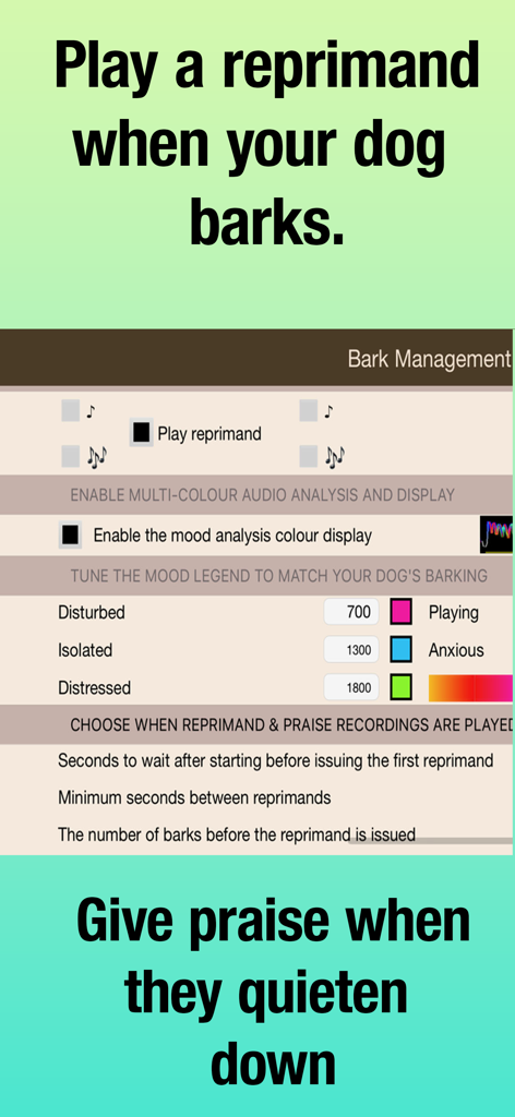Barking Dog Monitor & Control - Settings screen for automated dog bark reprimands and praise with mood analysis options