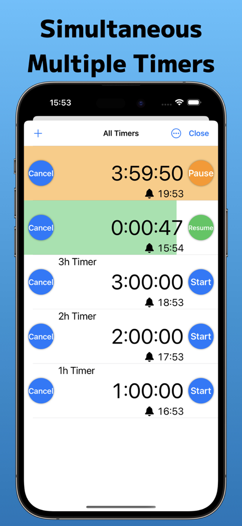 DripRate+ - Pantalla del iPhone que muestra múltiples temporizadores médicos concurrentes dentro de la interfaz de la aplicación DripRate plus