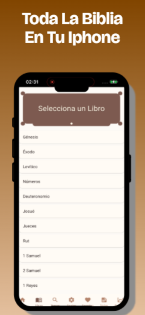 iPhone画面。Santa Bibliaアプリ内で、スペイン語の聖書リストが表示されています。