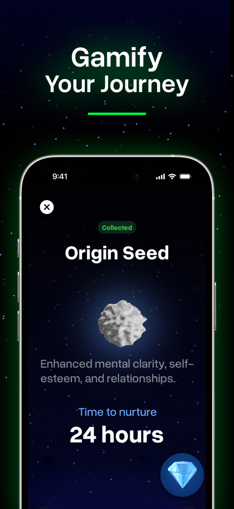 Seed app interface showing the gamified progress with the Origin Seed orb and a twenty four hour nurture timer