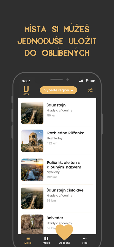 A mobile app interface displaying a list of saved favorite travel destinations with photos and distance information