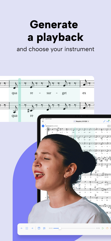 Newzik: Sheet Music Reader - A woman singing along to digital sheet music with AI-generated playback on an iPad