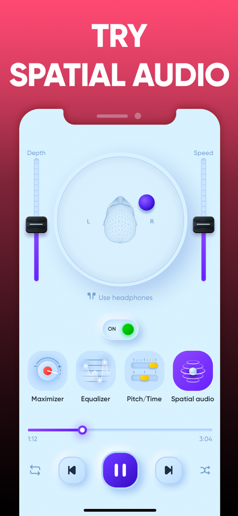 Equalizer - Volume Booster EQ - Schermata dello smartphone che mostra le impostazioni dell'audio spaziale con cursori di profondità e velocità