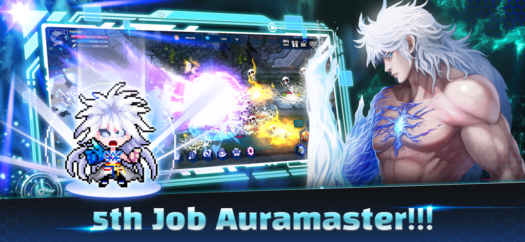 Hunter Raid: Idle RPG Games - Hunter Raid gameplay featuring the 5th Job Auramaster character and anime style combat effects