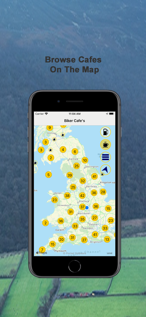 U.K. Biker Cafes - Smartphone displaying a map of the United Kingdom with icons for biker friendly cafes