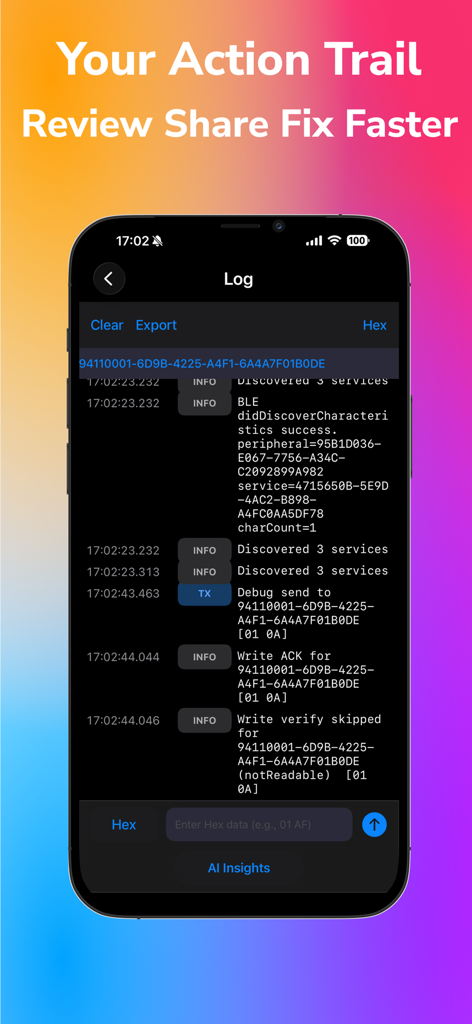 Bluetooth Explorer:AI Terminal - Log screen of Bluetooth Explorer AI Terminal showing real time BLE communication logs and technical debugging data