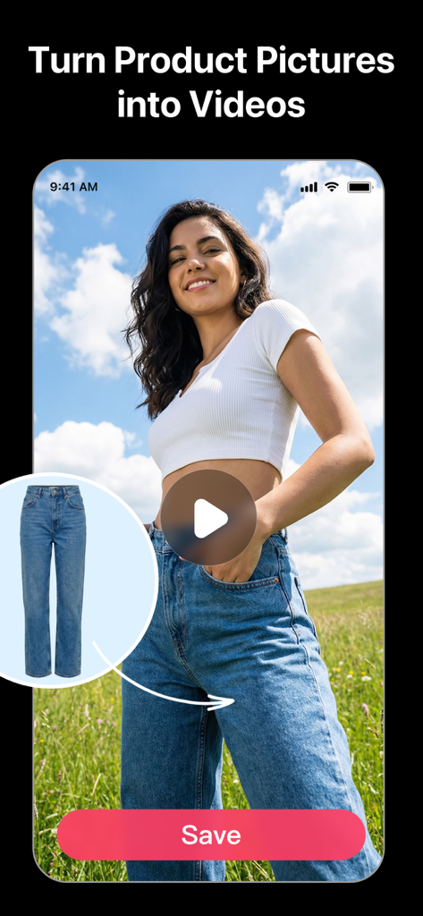 VividPic - AI Video Generator - ジーンズの静止画が、屋外のモデルが着用しているAI生成動画に変換される様子を示すVividPicアプリのインターフェース。
