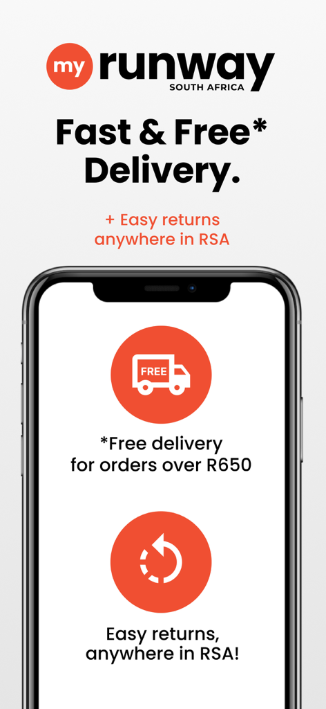 MyRunway SA Fashion Shopping - App screen promoting free delivery for orders over R650 and easy returns in South Africa.