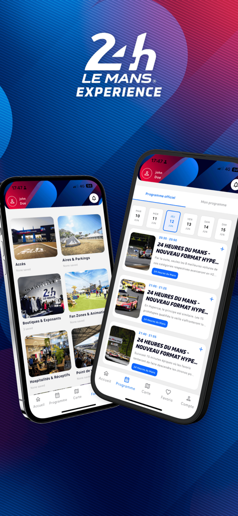 Deux écrans mobiles affichant l'interface de l'application 24h Experience avec le programme officiel de la course et les services aux visiteurs