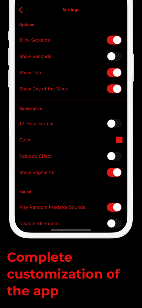 Predator Clock - Alien time - A screenshot of the Predator Clock app settings menu showing various customization options for appearance and sound in red text on a black background.