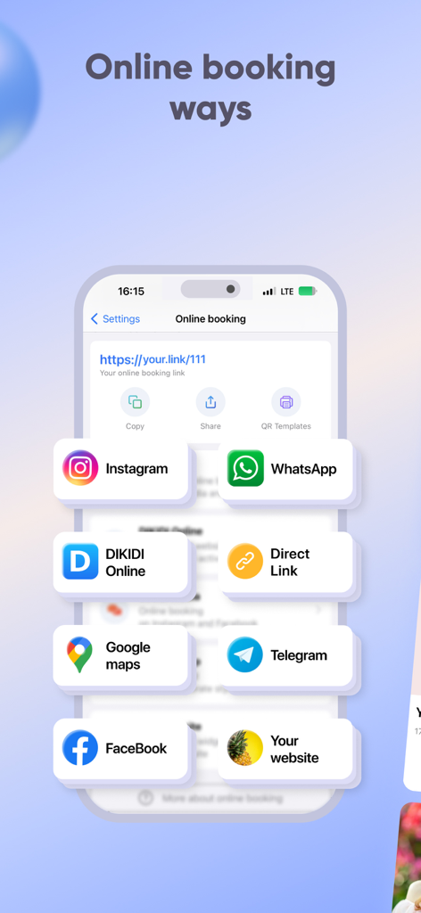 DIKIDI Appointments Scheduling - Interfaccia che mostra molteplici canali di prenotazione online come Instagram, WhatsApp e Google Maps per i professionisti dei servizi.