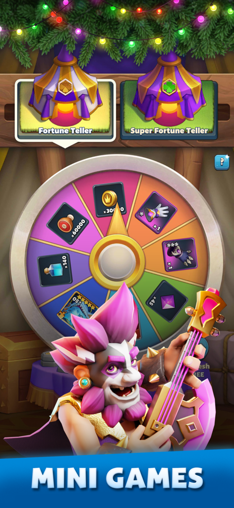 Minijuegos dentro del juego de Puzzle Breakers con una rueda de premios de adivina y un personaje con un hacha de guitarra.