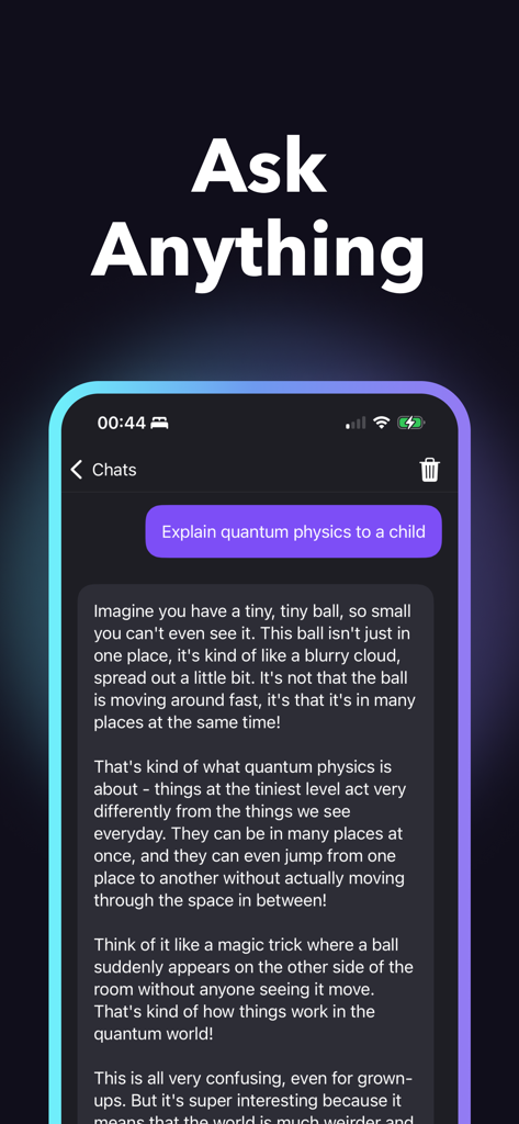 Gwen AI Chatbot Assistant - Interface do aplicativo Gwen AI mostrando uma explicação simplificada da física quântica para uma criança.