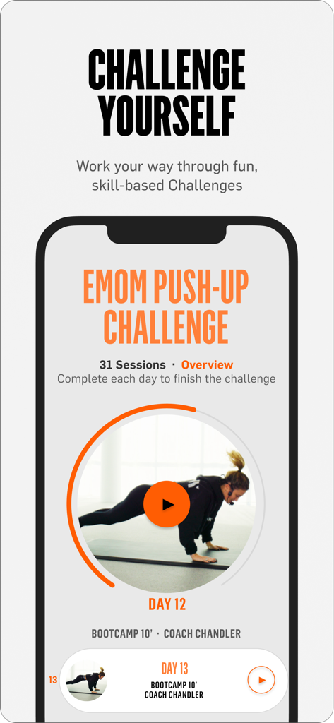 AARMY - AARMY fitness app screen displaying a multi-day EMOM push-up challenge workout session