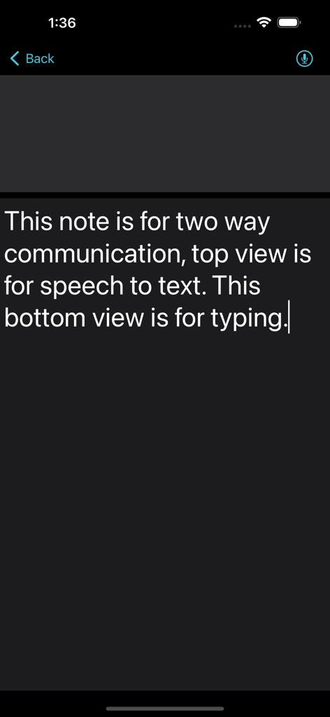 Big Note. - Interface de l'application Big Note montrant un écran partagé pour la communication bidirectionnelle avec des zones de parole au texte et de frappe.