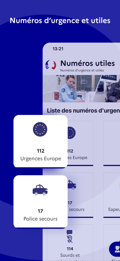 Ma Sécurité - A screenshot of the Ma Sécurité app displaying emergency and useful contact numbers for police and European emergencies.