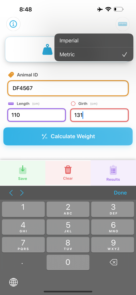 Pig Weight Pro - Interfaccia dell'app Pig Weight Pro per inserire l'ID dell'animale e le misurazioni corporee per calcolare il peso del bestiame