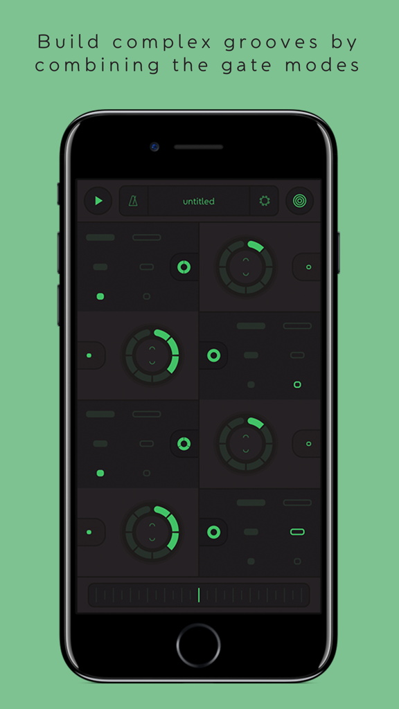 Pantalla de iPhone mostrando la interfaz de la aplicación STEPS MIDI Sequencer con diales para construir grooves complejos.