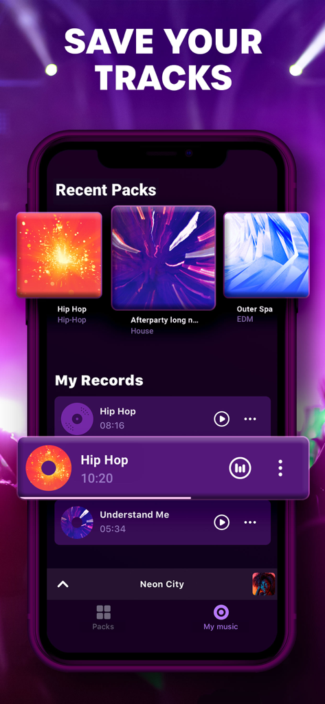 Loop Maker Pro - Music Maker - Loop Maker Pro app interface showing saved music tracks and recent sound packs
