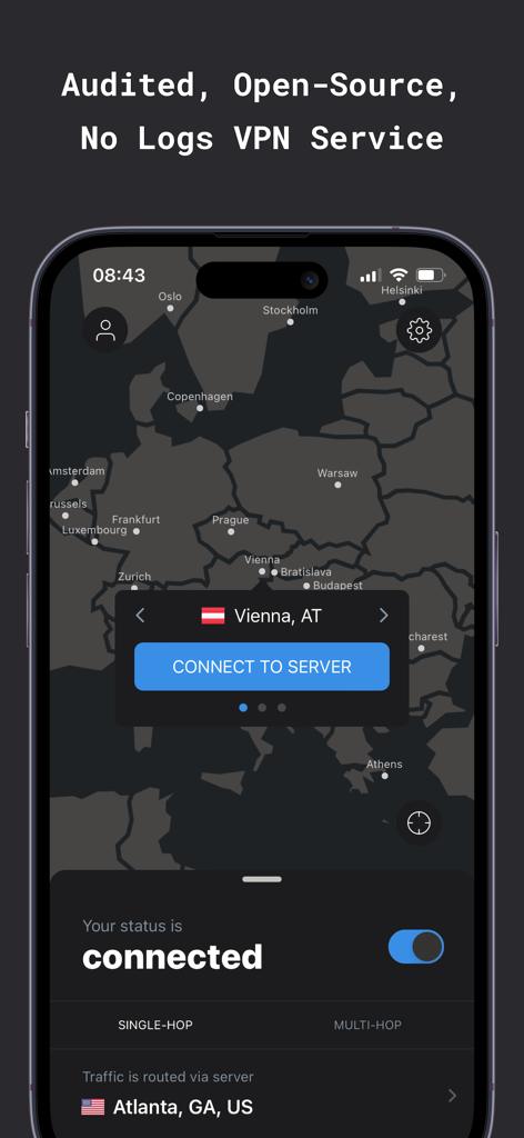 IVPN app interface showing a secure VPN connection on a map