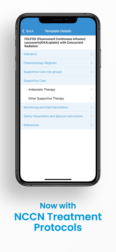 Interface de l'application ONCOassist affichant les protocoles de traitement NCCN et les détails de la chimiothérapie FOLFOX