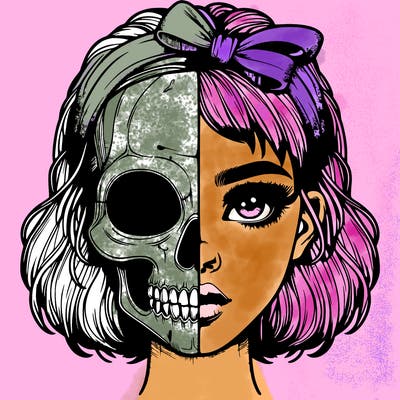 realistic girl with half skull mask