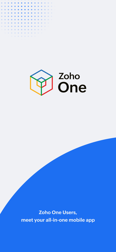 Pantalla de bienvenida de Zoho One mostrando la aplicación móvil todo en uno para la gestión empresarial