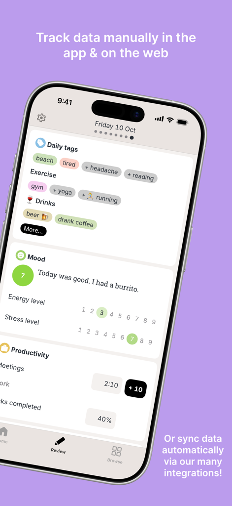 Exist - Mobile interface of the Exist app showing manual tracking options for mood energy stress and daily productivity