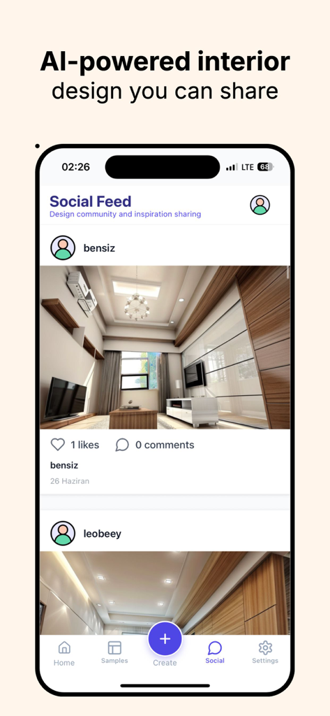 AI Interior Design - Decor - AI Interior Design app social feed showing community shared room designs