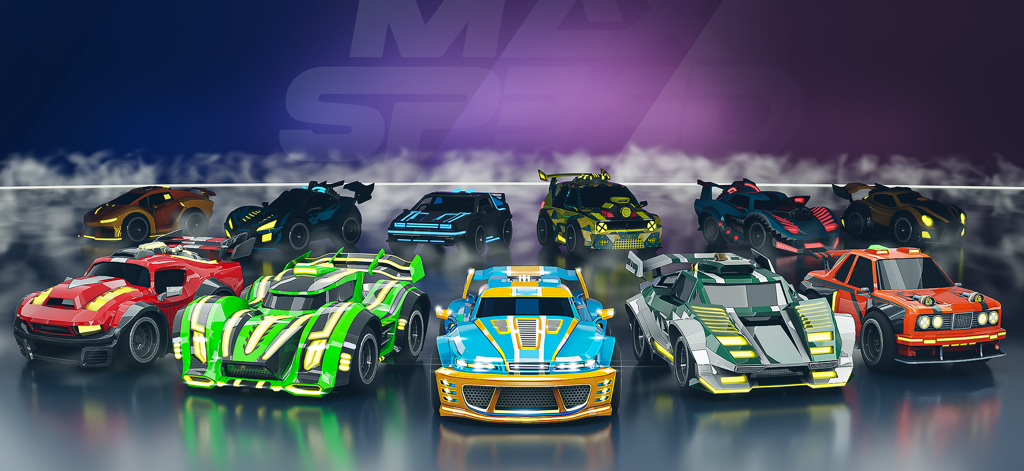 Max Speed: 3D Stunt Race - A diverse lineup of colorful and customized 3D racing cars from the Max Speed stunt race game