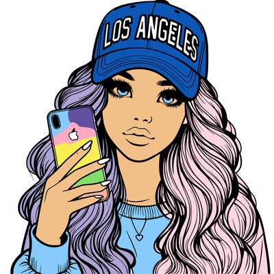 realistic beautiful girl wearing los ángeles cap holding an iphone