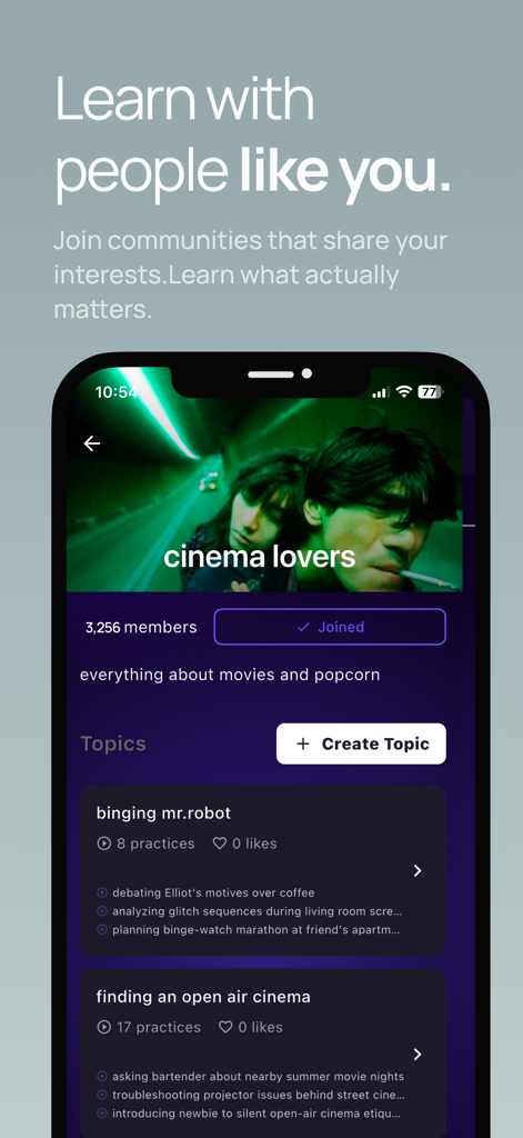 OGIMA Social Language Learning - A screenshot of the OGIMA app showcasing a cinema lovers community page with various language learning topics and member discussions.