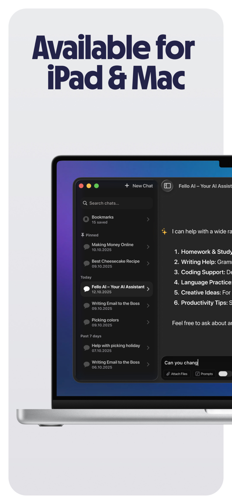 Interfaz del asistente de chatbot de Fello AI en un portátil Mac mostrando modo oscuro y disponibilidad multiplataforma