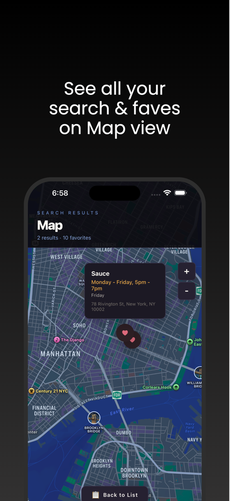 Cheers NYC - Map interface showing happy hour locations and favorites in Manhattan NYC