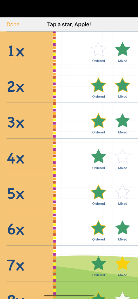 Multiplication tables progress tracking screen with stars for completed levels
