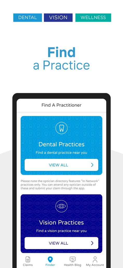 DeCare - DeCare mobile app interface showing the Find a Practitioner screen with buttons for dental and vision practices.