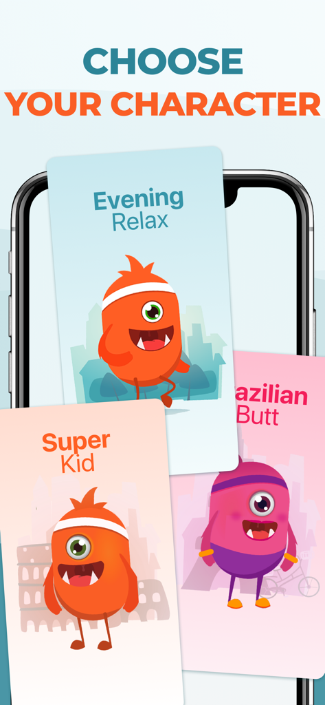 Écran de sélection des personnages dans l'application de fitness Lazy Monster affichant des avatars de dessins animés colorés pour différents modes d'entraînement