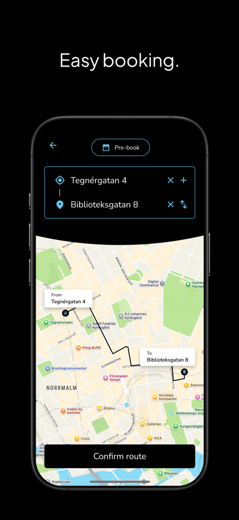 Kovanen - Kovanen app interface for pre-booking a taxi showing a route map and address selection in Stockholm
