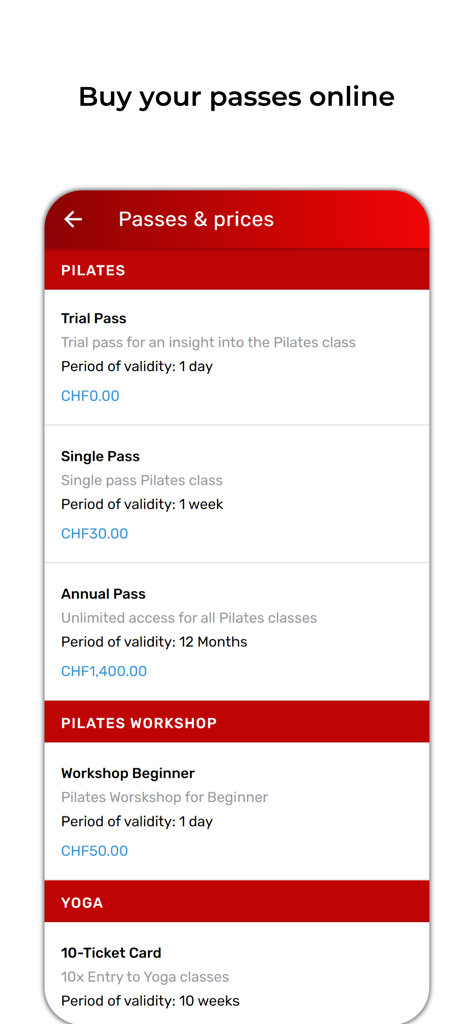 Mobile screen of the SportsNow app showing various fitness passes and prices for pilates and yoga classes.