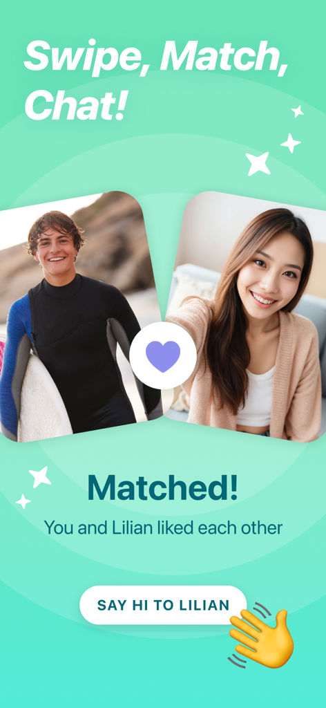 Paktor Dating App: Chat & Meet - Schermata di successo di match sull'app di incontri Paktor che mostra due foto profilo e un pulsante di invito all'azione per iniziare a chattare.