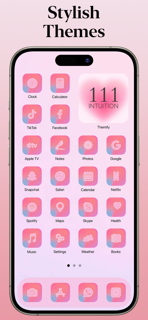 Themify - Widget & Icon Themes - Écran d'accueil d'iPhone montrant un thème pastel rose et bleu avec des icônes personnalisées et un widget intuition