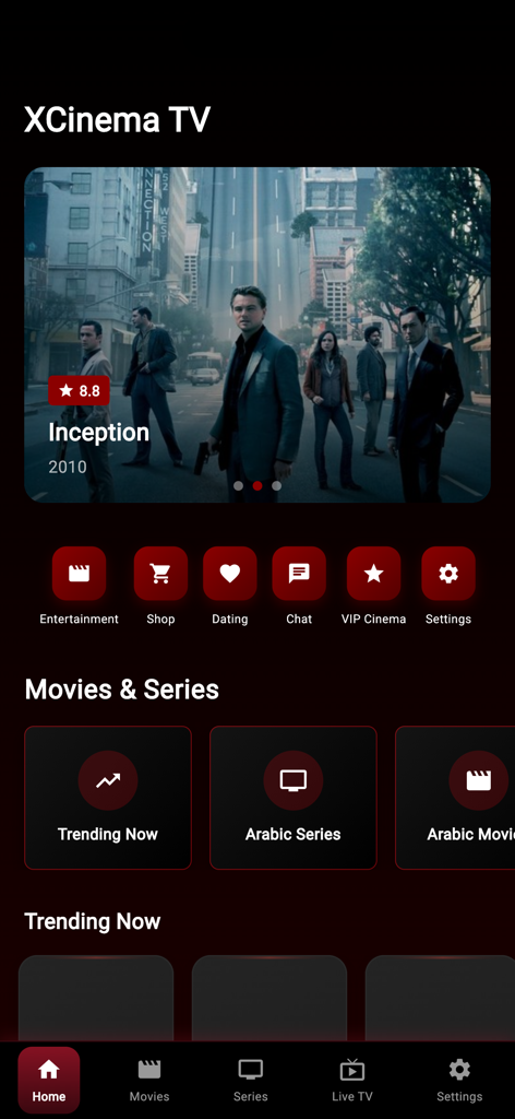XCinemaTv - Home screen of the XCinema TV app featuring trending movies and streaming categories