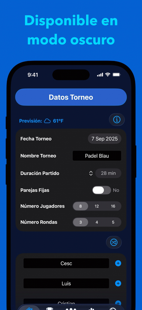 Turnierkonfigurationsbildschirm der Americana Padel App im Dark Mode mit Anzeige von Spieler- und Rundeneinstellungen