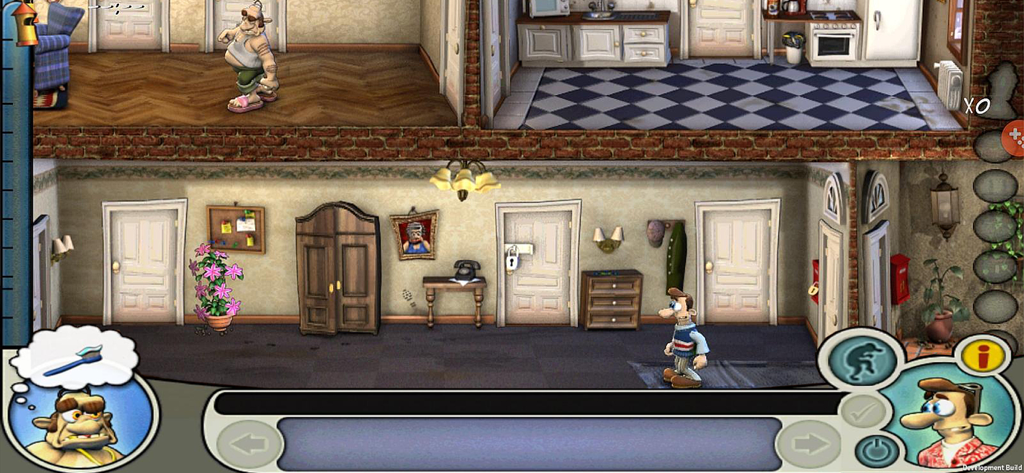 Stealth gameplay in Neighbours from Hell Season 1 showing Woody sneaking through a house while the neighbor walks on the upper floor