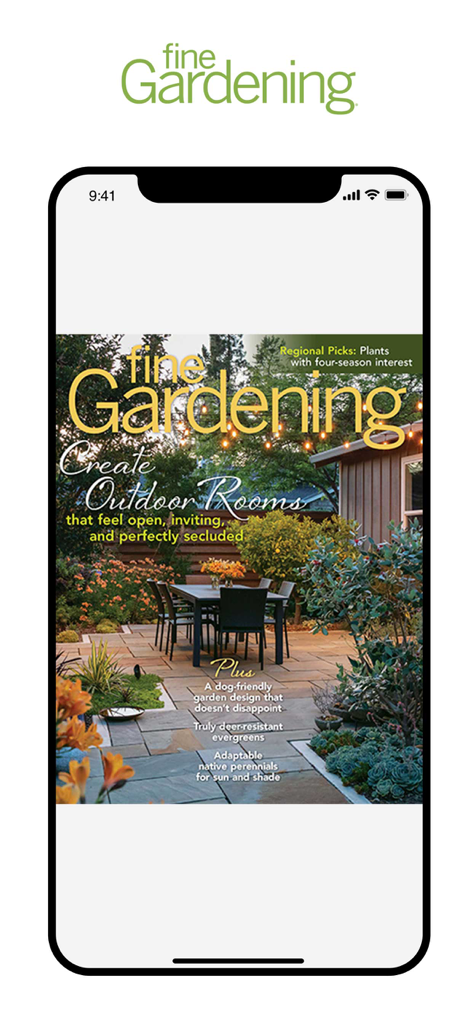 Fine Gardening Magazine - Fine Gardening Magazine app cover showing a landscaped outdoor patio and garden design ideas