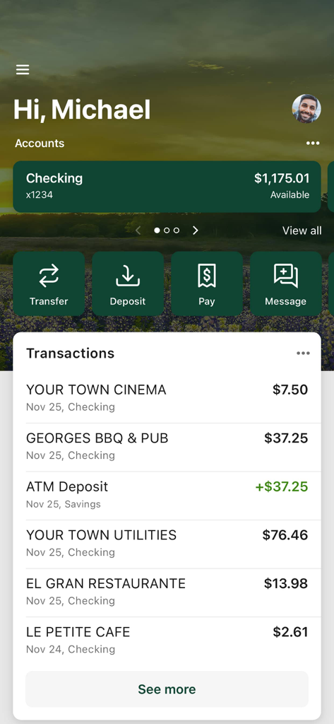 Guaranty Bank & Trust - Guaranty Bank and Trust mobile app dashboard showing account balance and recent transactions