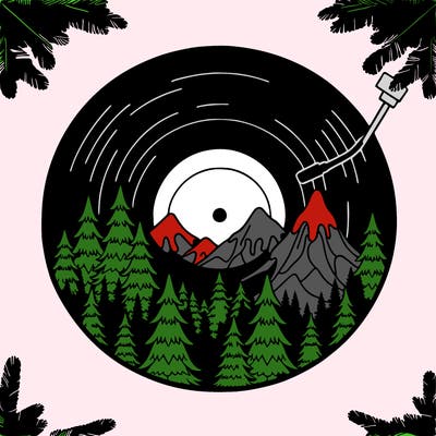 silhoutte mountain with snow and a forest inside vinyl record, art style