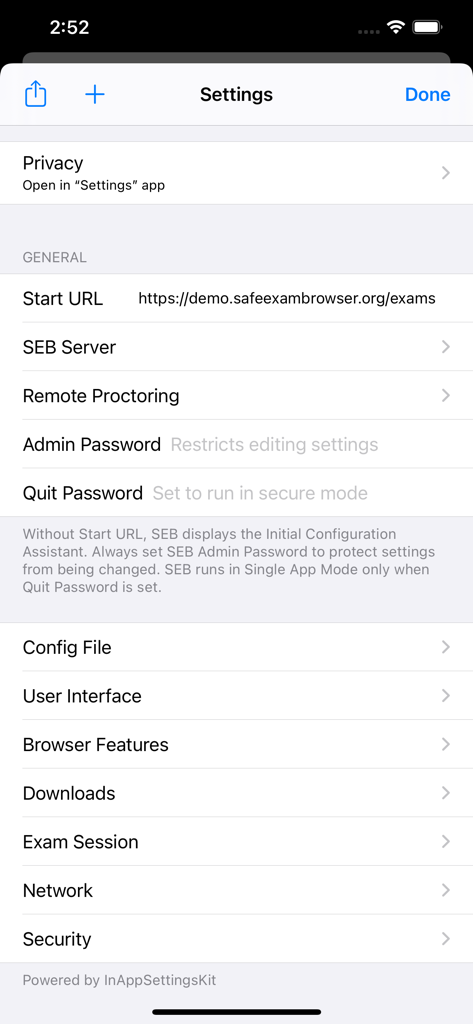 Settings menu of the SafeExamBrowser iOS app showing exam configuration and security options